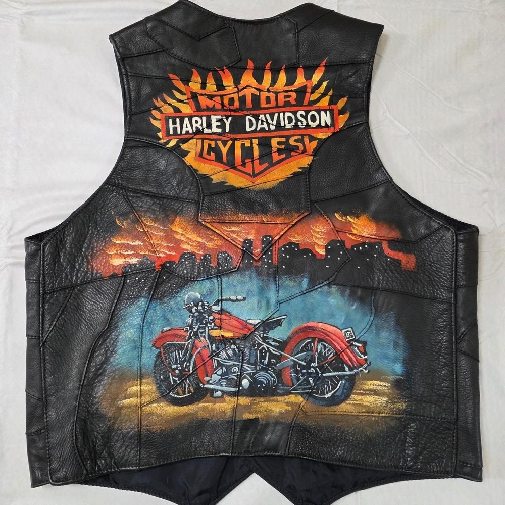 Vintage Patchwork Leather Biker Vest 46 XL Custom Handpainted Harley Davidson